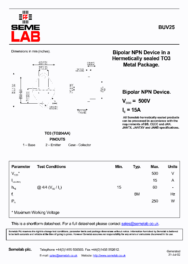 BUV25_488434.PDF Datasheet