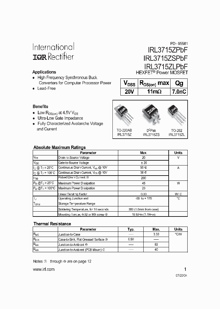 IRL3715ZLPBF_1184177.PDF Datasheet