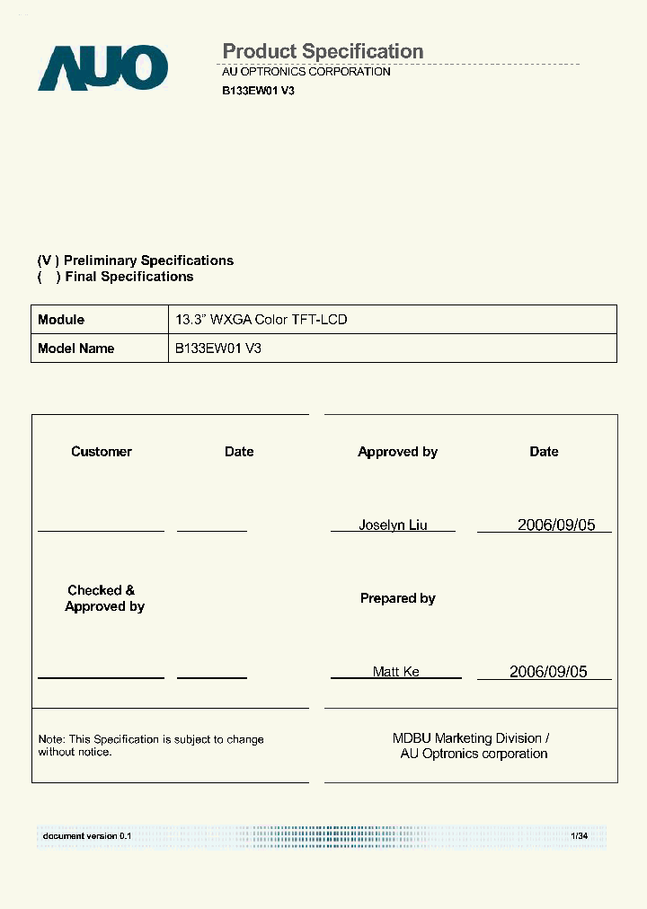 B133EW01-V3_2098259.PDF Datasheet