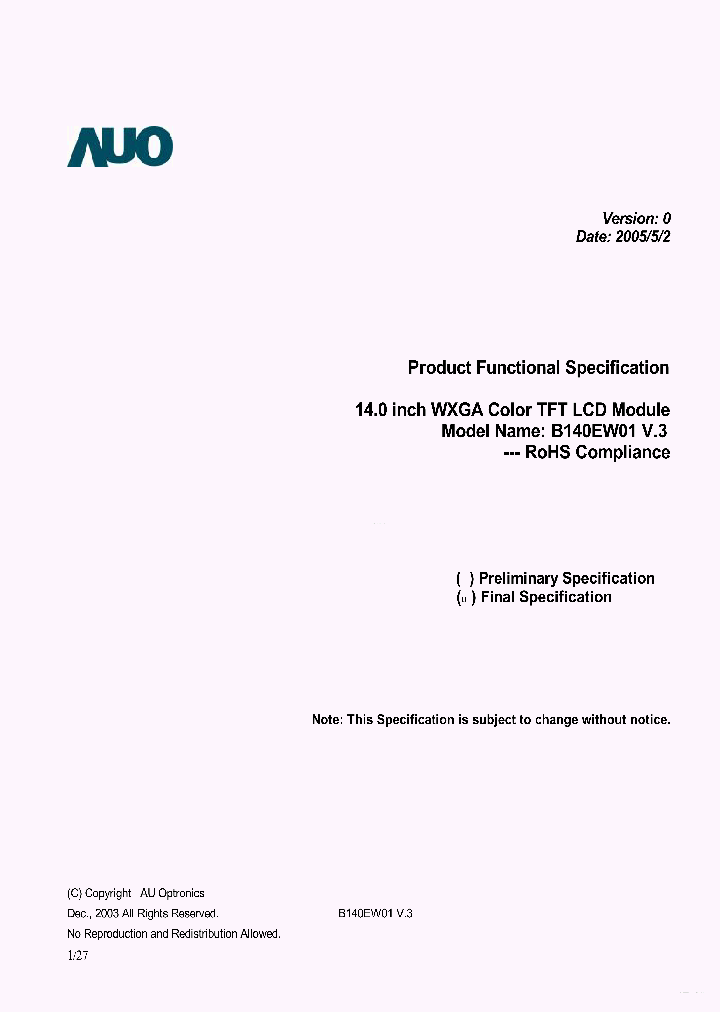 B140EW01-V3_3665685.PDF Datasheet