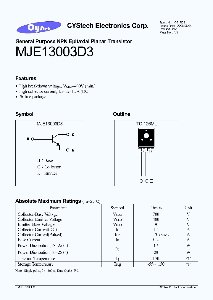 MJE13003D3_7629696.PDF Datasheet